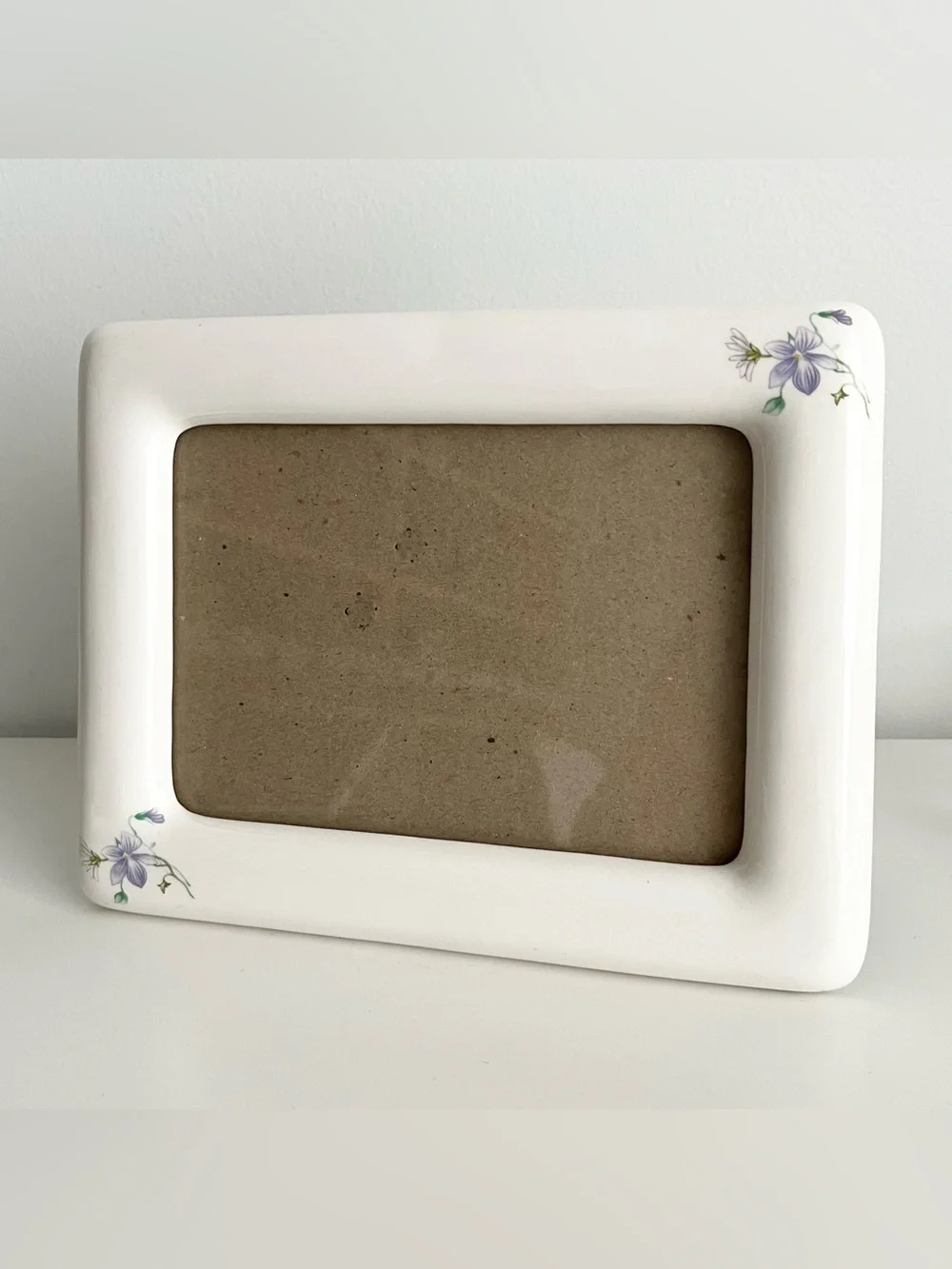Vintage Ceramic Photo Picture Frame Ivory Purple Flowers 5x7 Cottage Elegant